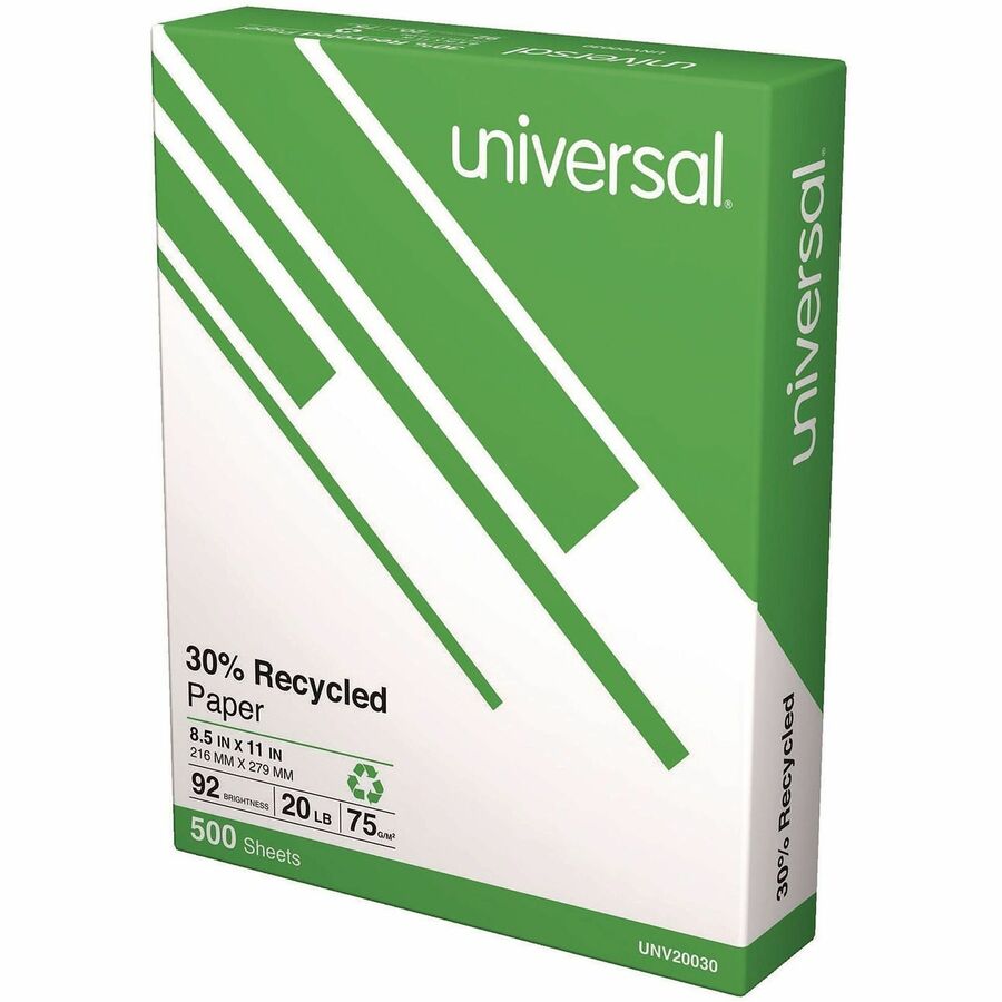 30% Recycled Copy Paper, 92 Bright, 20 lb Bond Weight, 8.5 x 11, White, 500 Sheets/Ream, 10 Reams/Carton