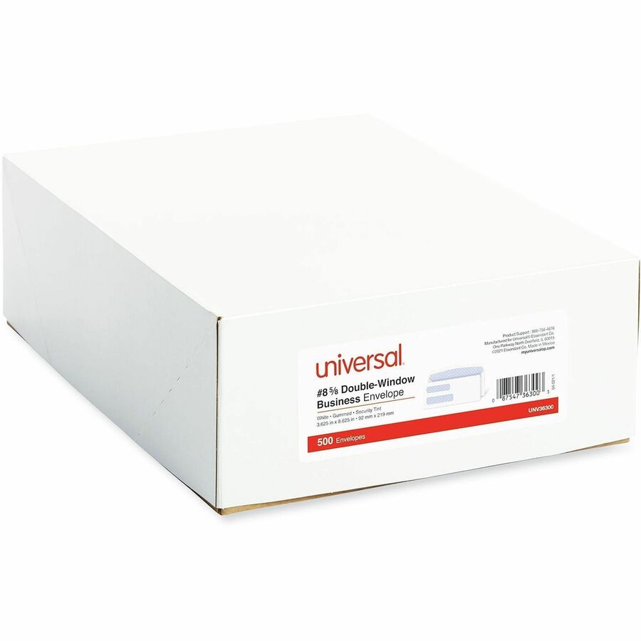 Double Window Business Envelope, #8 5/8, Commercial Flap, Gummed Closure, 3.63 x 8.63, White, 500/Box