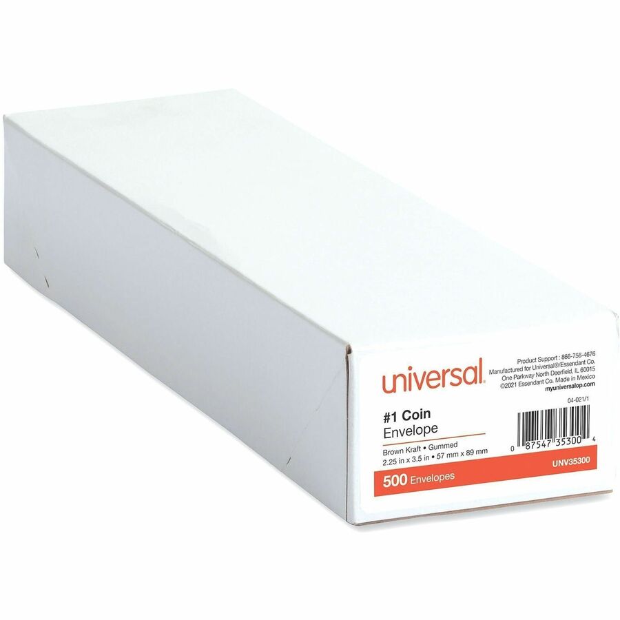 Kraft Coin Envelope, #1, Round Flap, Gummed Closure, 2.25 x 3.5, Light Brown Kraft, 500/Box