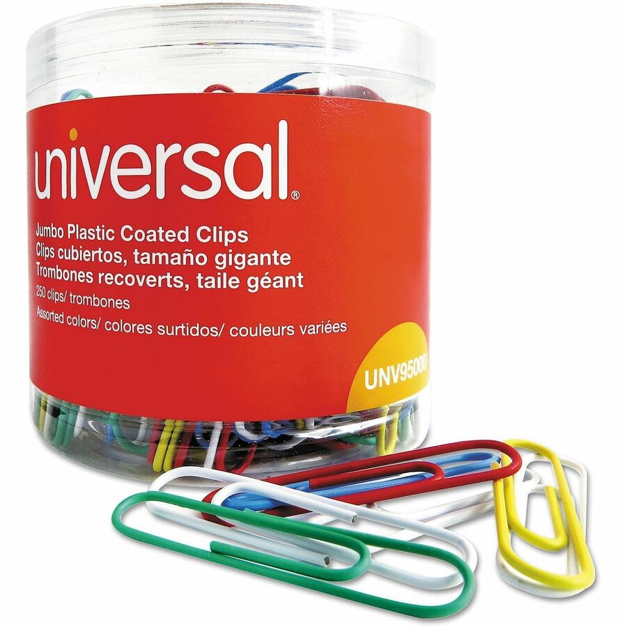 Plastic-Coated Paper Clips with One-Compartment Dispenser Tub, Jumbo, Assorted Colors, 250/Pack