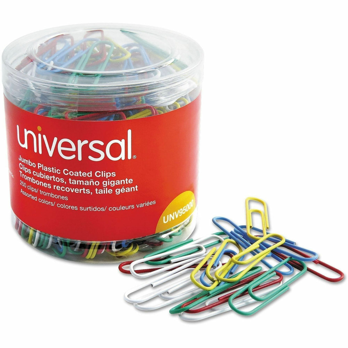 Plastic-Coated Paper Clips with One-Compartment Dispenser Tub, Jumbo, Assorted Colors, 250/Pack