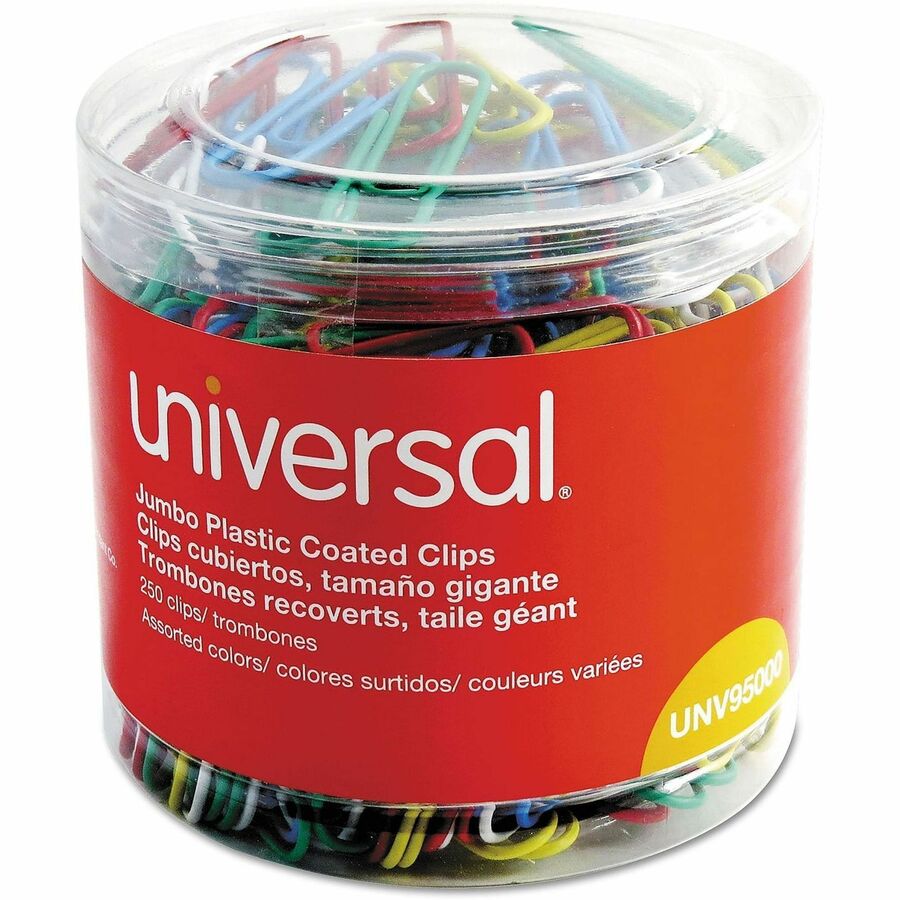 Plastic-Coated Paper Clips with One-Compartment Dispenser Tub, Jumbo, Assorted Colors, 250/Pack