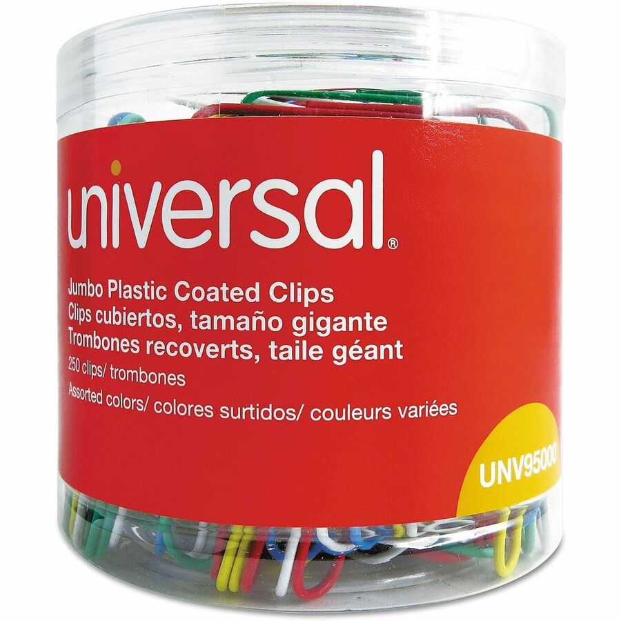Plastic-Coated Paper Clips with One-Compartment Dispenser Tub, Jumbo, Assorted Colors, 250/Pack