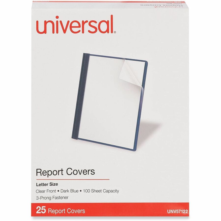 Clear Front Report Cover, Prong Fastener, 0.5" Capacity, 8.5 x 11, Clear/Dark Blue, 25/Box
