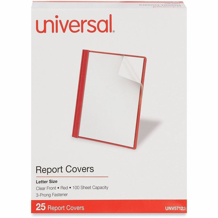 Clear Front Report Cover, Prong Fastener, 0.5" Capacity, 8.5 x 11, Clear/Red, 25/Box