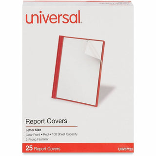 Clear Front Report Cover, Prong Fastener, 0.5" Capacity, 8.5 x 11, Clear/Red, 25/Box