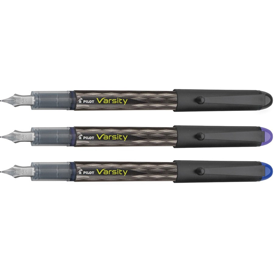 Pilot Varsity Disposable Fountain Pens - Medium Pen Point - Black, Blue, Purple - Black Barrel - 3 / Pack - 