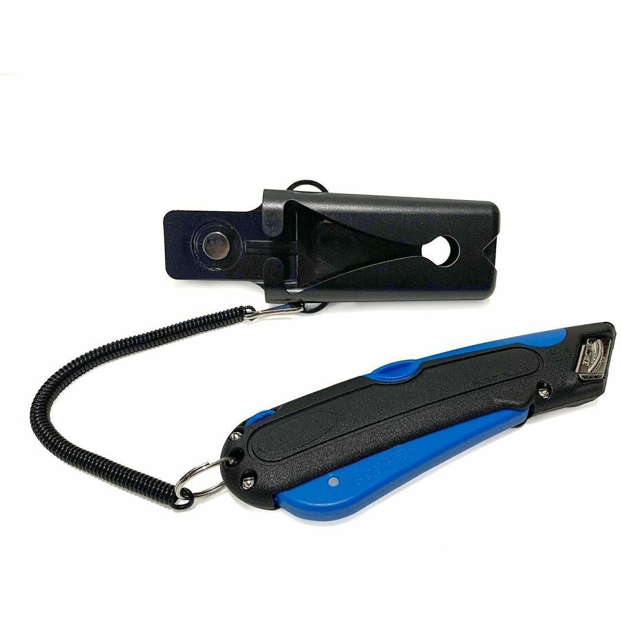 Easycut Self-Retracting Cutter with Safety-Tip Blade, Holster and Lanyard, 6" Plastic Handle, Black/Blue