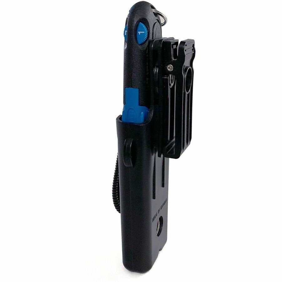 Easycut Self-Retracting Cutter with Safety-Tip Blade, Holster and Lanyard, 6" Plastic Handle, Black/Blue