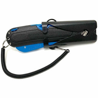 Easycut Self-Retracting Cutter with Safety-Tip Blade, Holster and Lanyard, 6" Plastic Handle, Black/Blue