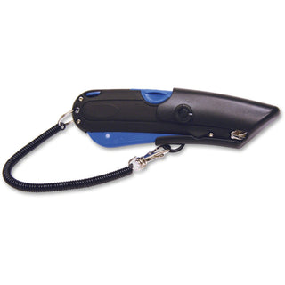 Easycut Self-Retracting Cutter with Safety-Tip Blade, Holster and Lanyard, 6" Plastic Handle, Black/Blue