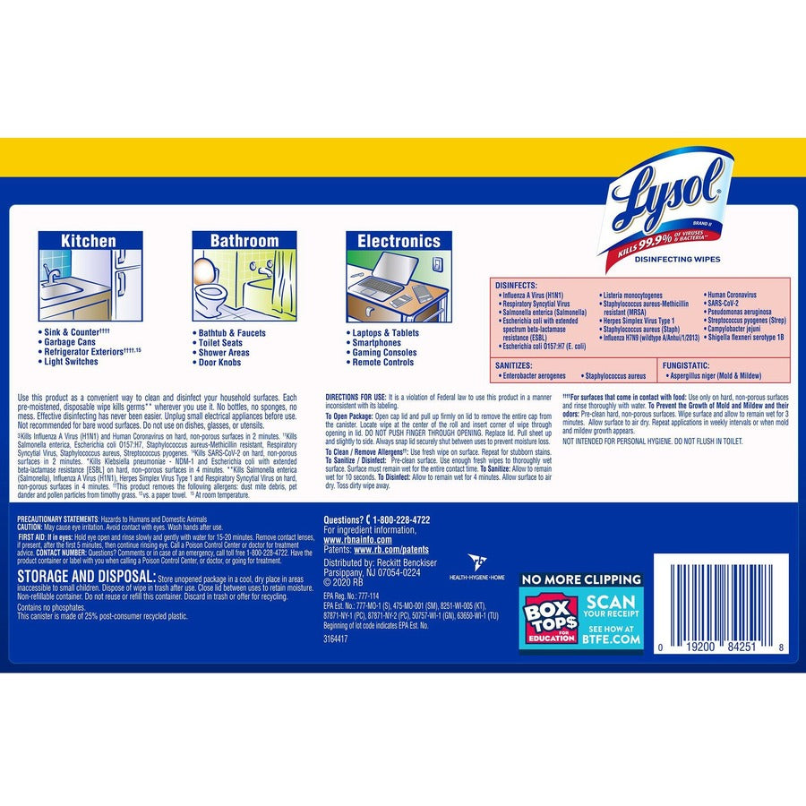 Disinfecting Wipes, 7 x 8, Lemon and Lime Blossom, 80/Canister, 3/Pack, Sold as 1 Package - 7