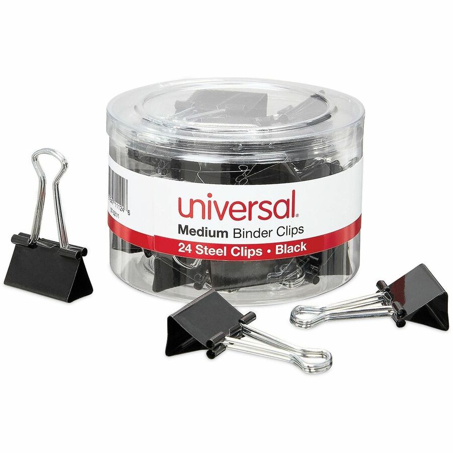 Binder Clips with Storage Tub, Medium, Black/Silver, 24/Pack