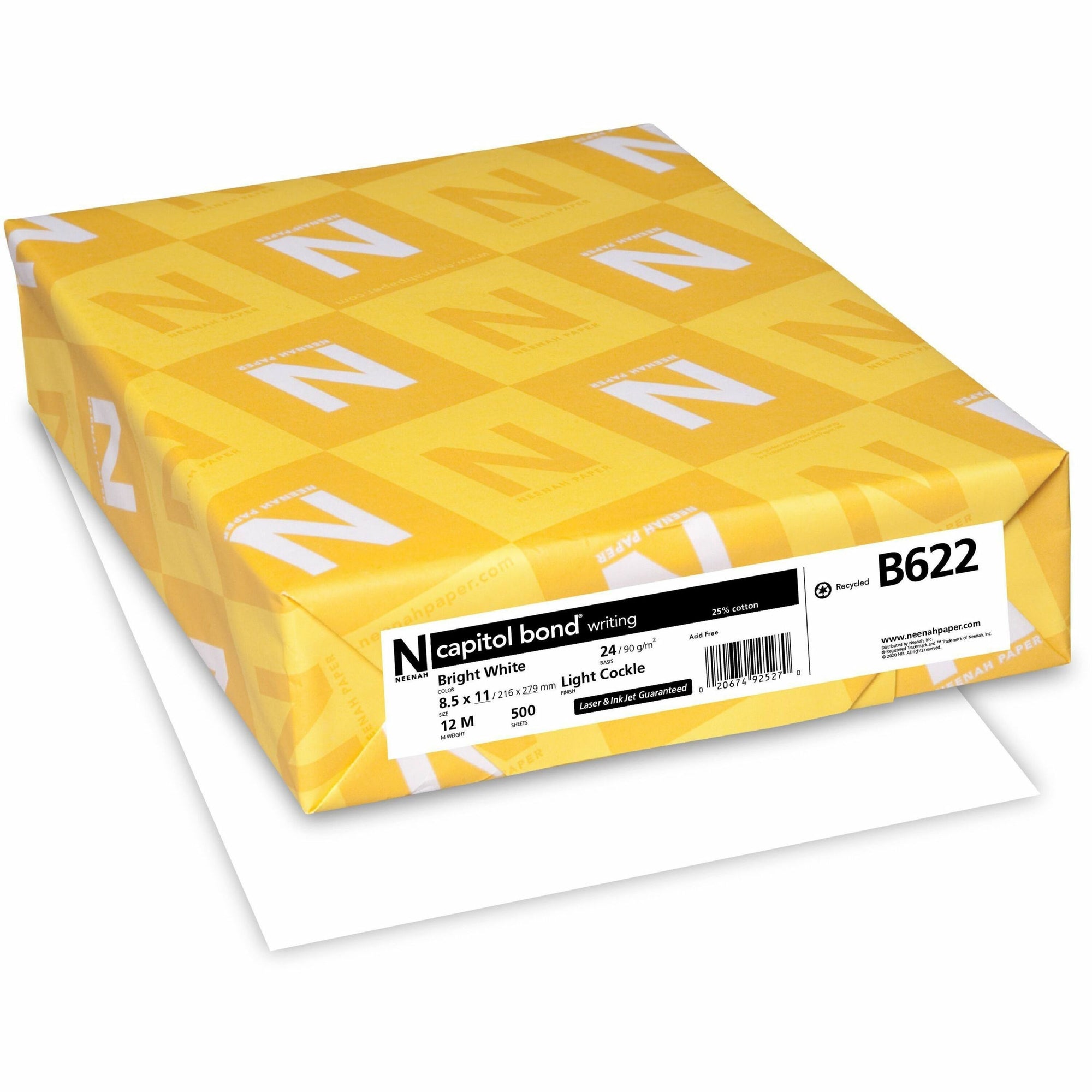 Neenah Capitol Bond Paper - White - 96 Brightness - Letter - 8 1/2" x 11" - 24 lb Basis Weight - Light Cockle - 500 / Ream - Archival-safe, Watermarked - White
