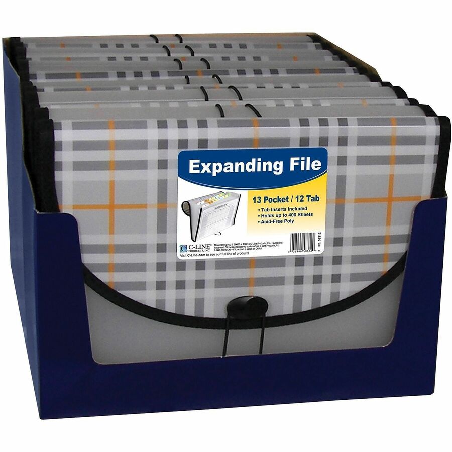Plaid Design Expanding Files, 1.5" Expansion, 13 Sections, Cord/Hook Closure, 1/6-Cut Tabs, Letter Size, Gray Plaid