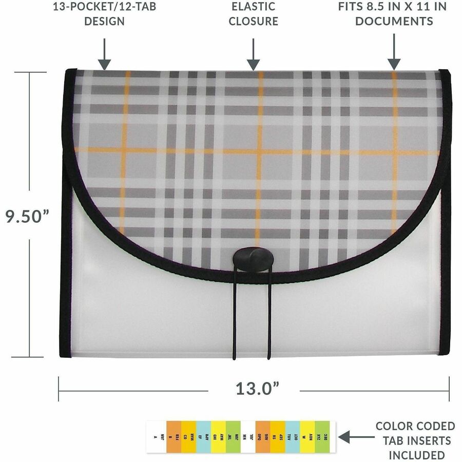 Plaid Design Expanding Files, 1.5" Expansion, 13 Sections, Cord/Hook Closure, 1/6-Cut Tabs, Letter Size, Gray Plaid