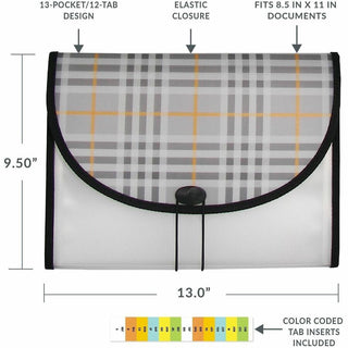 Plaid Design Expanding Files, 1.5" Expansion, 13 Sections, Cord/Hook Closure, 1/6-Cut Tabs, Letter Size, Gray Plaid
