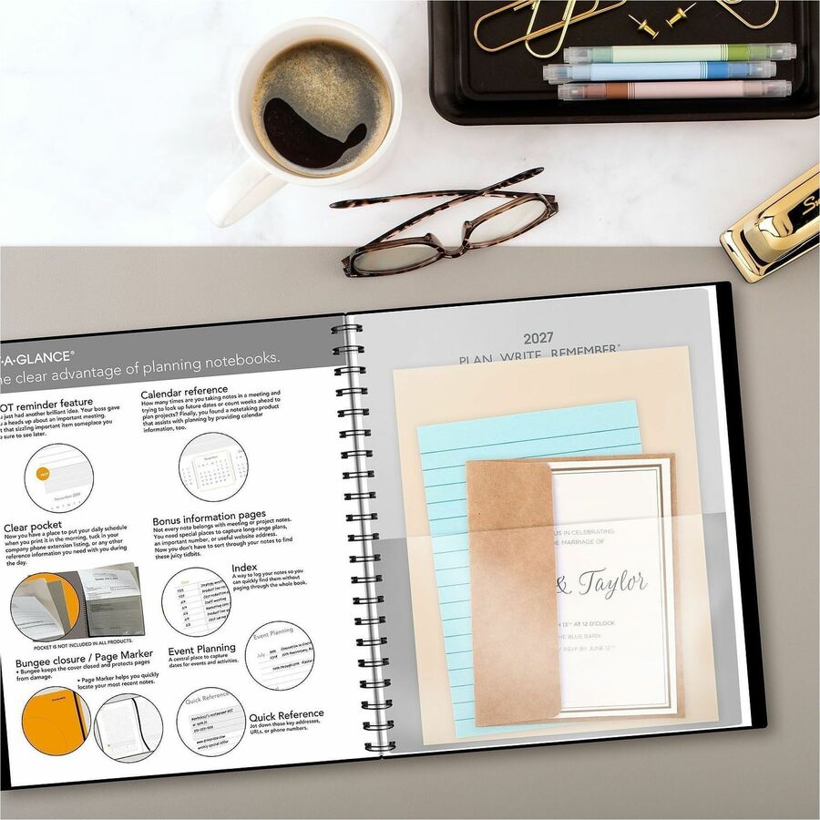 At-A-Glance Plan. Write. Remember. Undated Planning Notebook with Reference Calendars - Large Size - Julian Dates - Daily - 1 Year - 1 Day Single Page Layout - 8 1/2" x 11" White Sheet - Wire Bound - Bungee Strap - Black - Poly - Black CoverPocket, R