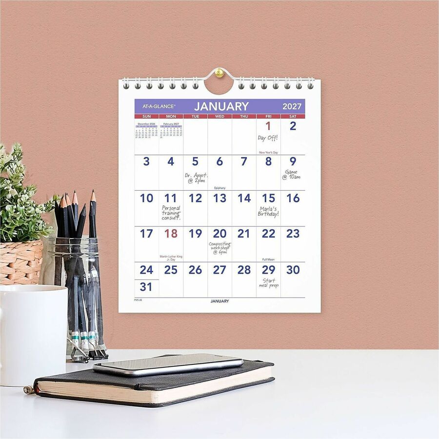 At-A-Glance Wall Calendar - Small Size - Julian Dates - Monthly - 12 Month - January 2024 - December 2024 - 1 Month Single Page Layout - 6 1/2" x 7 1/2" White Sheet - Wire Bound - Desk - White - Paper - Reference Calendar, Easel, Hanging Loop, Bleed