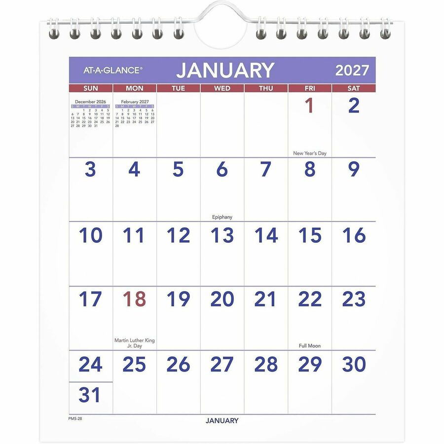 At-A-Glance Wall Calendar - Small Size - Julian Dates - Monthly - 12 Month - January 2024 - December 2024 - 1 Month Single Page Layout - 6 1/2" x 7 1/2" White Sheet - Wire Bound - Desk - White - Paper - Reference Calendar, Easel, Hanging Loop, Bleed
