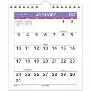 At-A-Glance Wall Calendar - Small Size - Julian Dates - Monthly - 12 Month - January 2024 - December 2024 - 1 Month Single Page Layout - 6 1/2" x 7 1/2" White Sheet - Wire Bound - Desk - White - Paper - Reference Calendar, Easel, Hanging Loop, Bleed