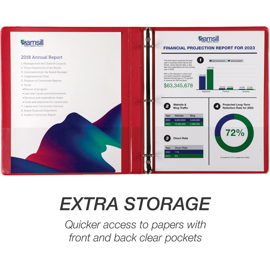 Samsill Economy 1/2" Round Ring View Binders - 1/2" Binder Capacity - Letter - 8 1/2" x 11" Sheet Size - 100 Sheet Capacity - Round Ring Fastener(s) - 2 Inside Front & Back Pocket(s) - Vinyl - 8 oz - Recycled - Rigid, Rust Resistant - 1 Each - 4