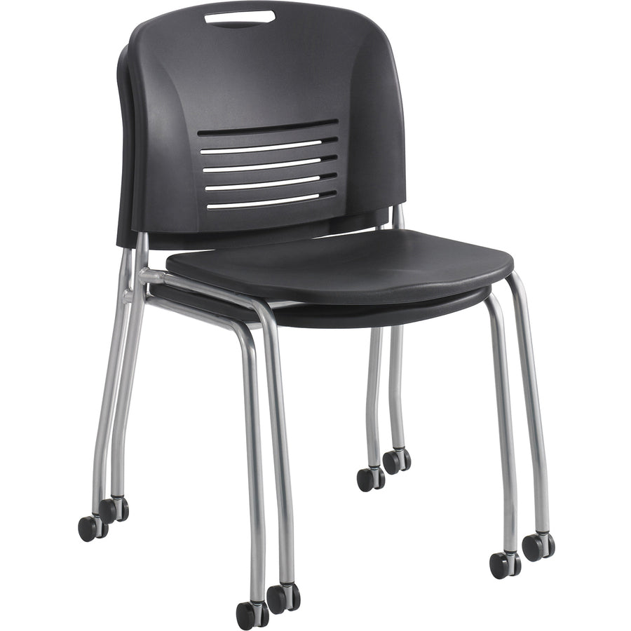 Safco Vy Straight Leg Stack Chairs with Casters - Plastic Seat - Plastic Back - Powder Coated Steel Frame - Four-legged Base - Black - Polypropylene - 2 / Carton - 