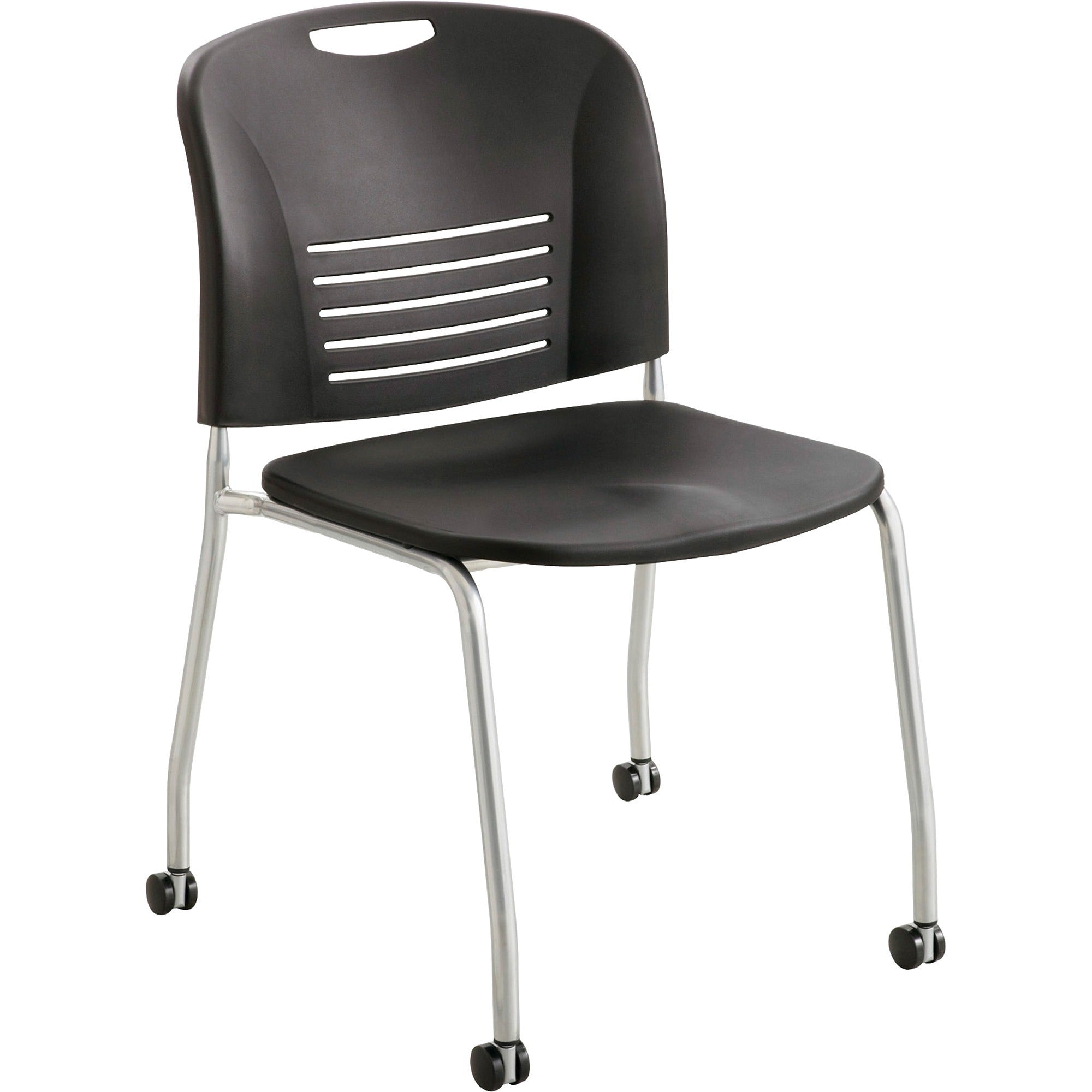 Safco Vy Straight Leg Stack Chairs with Casters - Plastic Seat - Plastic Back - Powder Coated Steel Frame - Four-legged Base - Black - Polypropylene - 2 / Carton - 