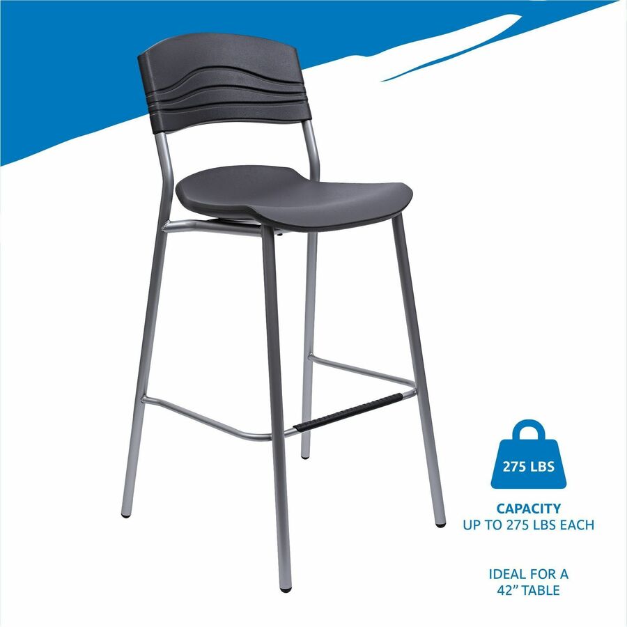 CafeWorks Stool, Supports Up to 225 lb, 30" Seat Height, Graphite Seat, Graphite Back, Silver Base