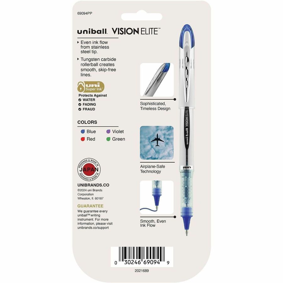 uniball Vision Elite Rollerball Pen - Bold Pen Point - 0.8 mm Pen Point Size - Refillable - Blue, Red, Green, Violet Pigment-based Ink - 4 / Pack