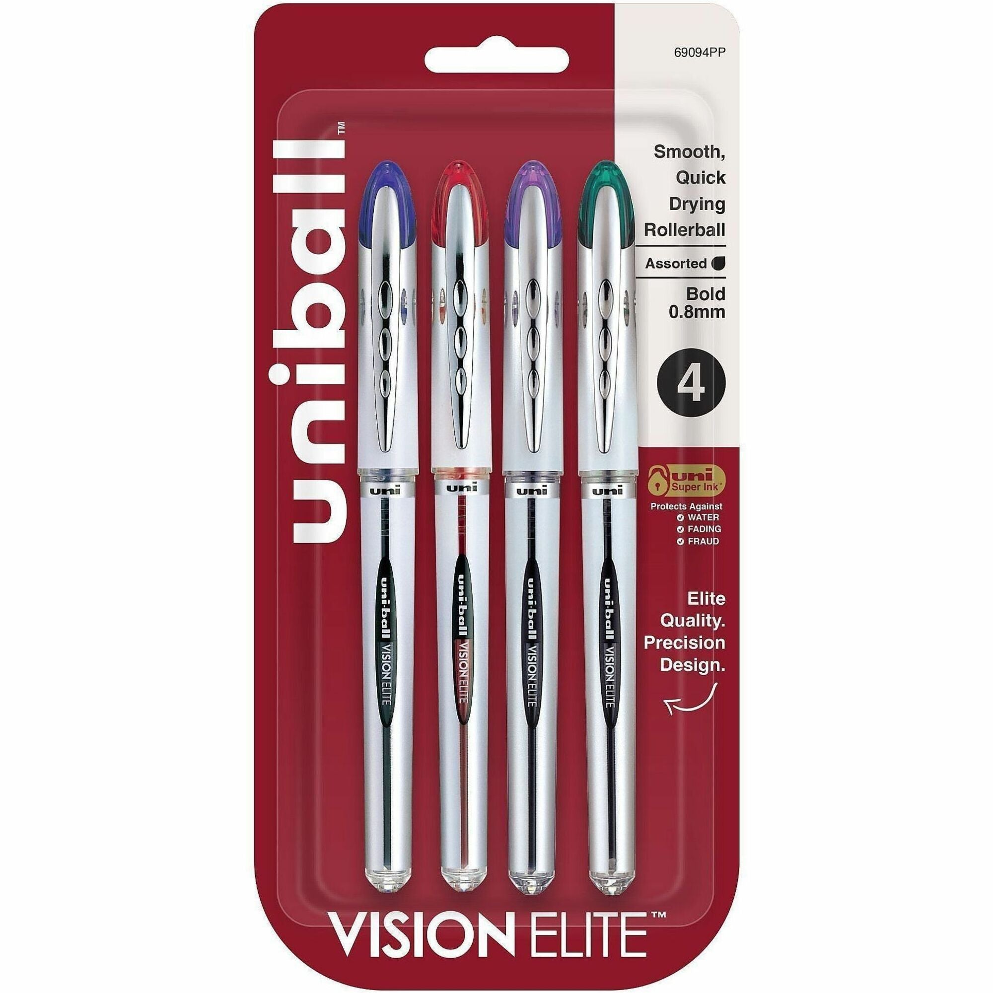 uniball Vision Elite Rollerball Pen - Bold Pen Point - 0.8 mm Pen Point Size - Refillable - Blue, Red, Green, Violet Pigment-based Ink - 4 / Pack