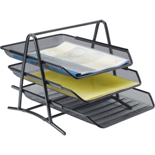 Lorell Mesh 3-Tier Mesh Document Tray - 11" Height x 10.8" Width x 14.3" Depth - Black - Steel - 1 Each - 