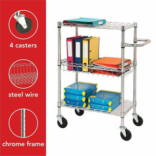 Lorell 3-Tier Rolling Cart - 99 lb Capacity - 4 Casters - Steel - x 16" Width x 26" Depth x 40" Height - Chrome - 1 Each