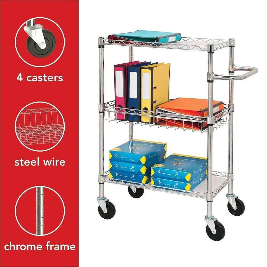 Lorell 3-Tier Rolling Cart - 99 lb Capacity - 4 Casters - Steel - x 16" Width x 26" Depth x 40" Height - Chrome - 1 Each