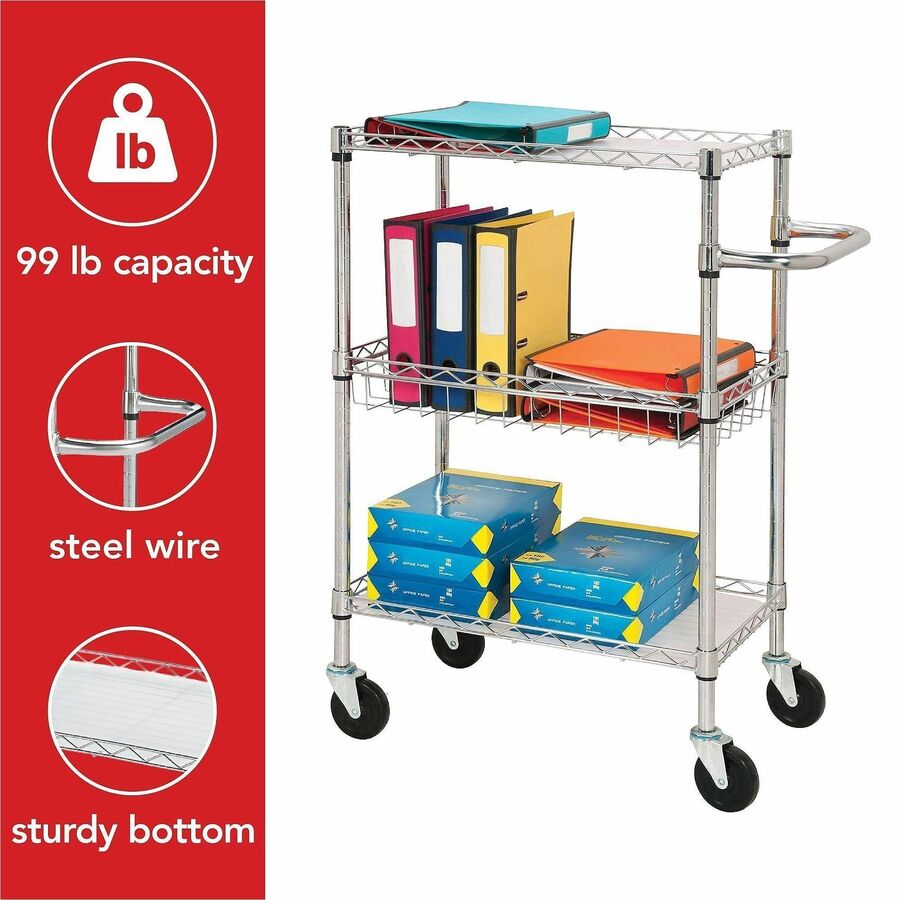 Lorell 3-Tier Rolling Cart - 99 lb Capacity - 4 Casters - Steel - x 16" Width x 26" Depth x 40" Height - Chrome - 1 Each