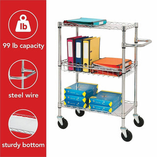 Lorell 3-Tier Rolling Cart - 99 lb Capacity - 4 Casters - Steel - x 16" Width x 26" Depth x 40" Height - Chrome - 1 Each