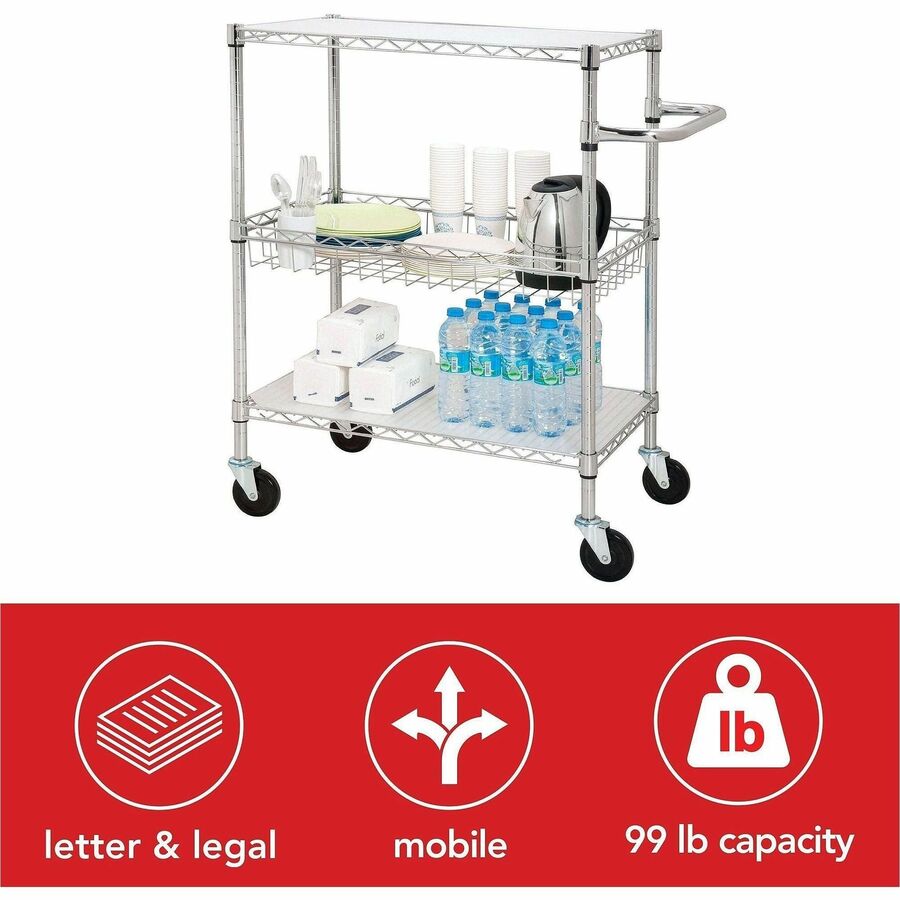 Lorell 3-Tier Rolling Cart - 99 lb Capacity - 4 Casters - Steel - x 18" Width x 30" Depth x 40" Height - Chrome - 1 Each