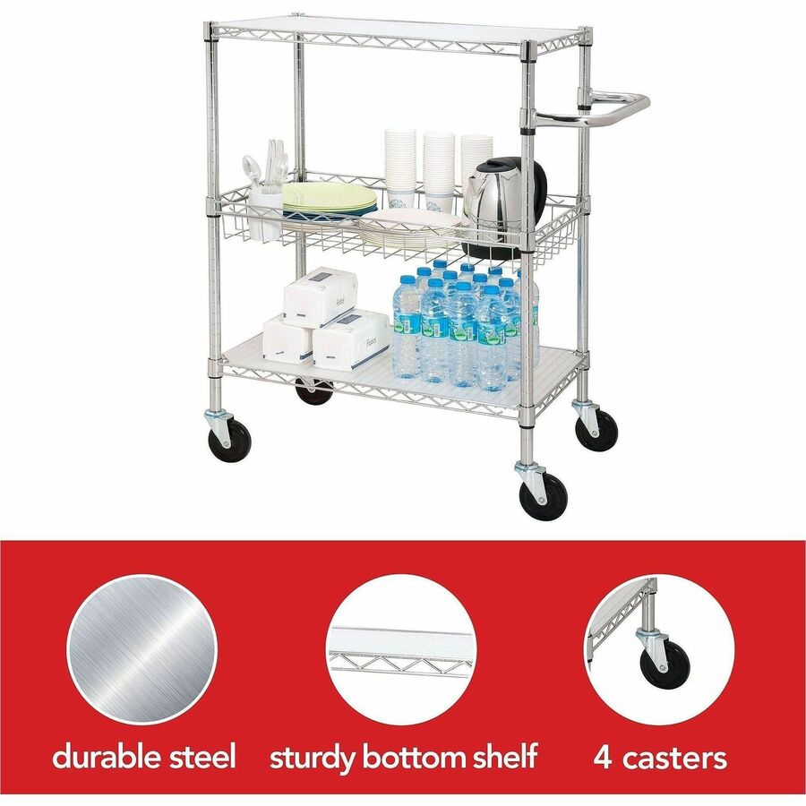 Lorell 3-Tier Rolling Cart - 99 lb Capacity - 4 Casters - Steel - x 18" Width x 30" Depth x 40" Height - Chrome - 1 Each