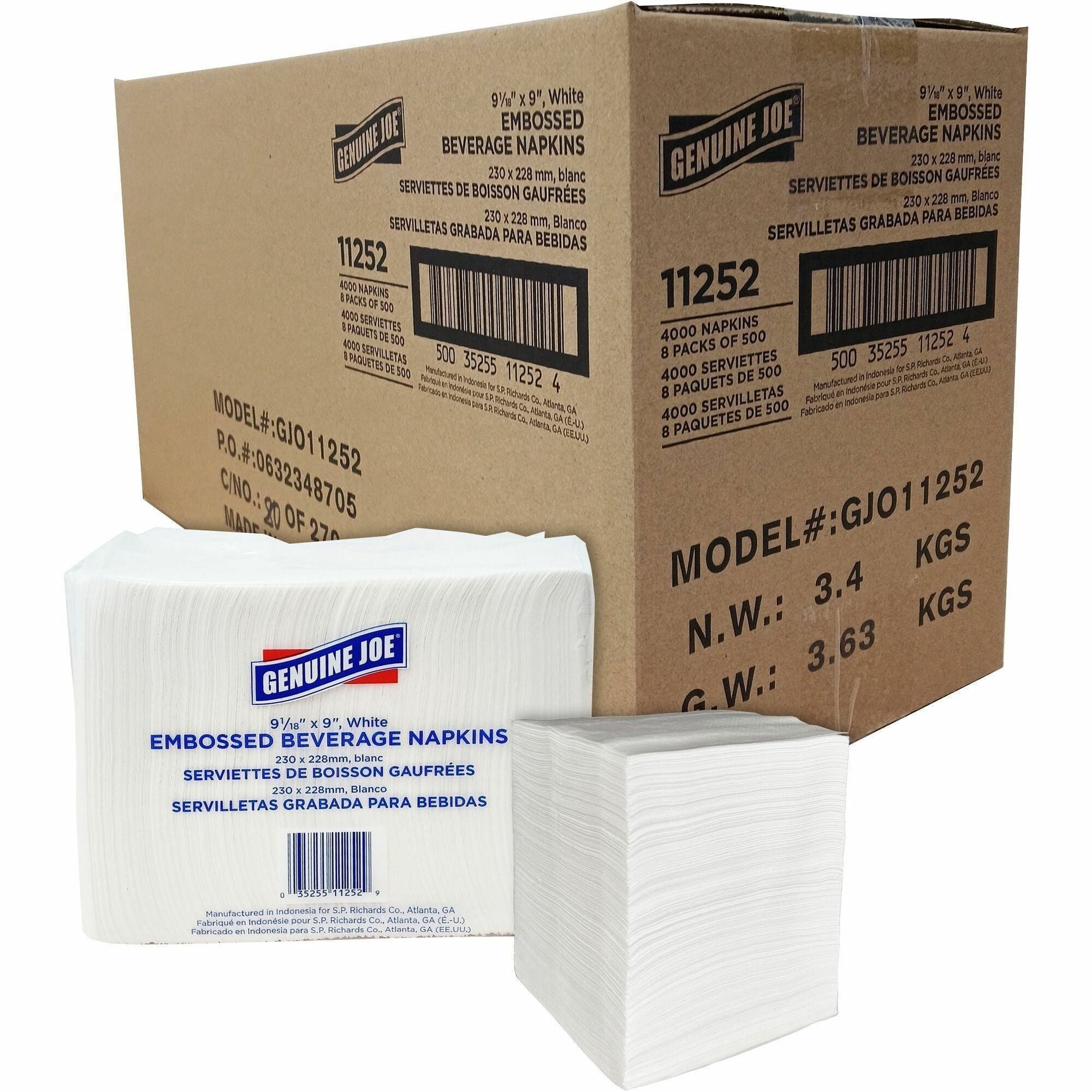 Genuine Joe Quad-fold Square Beverage Napkins - 1 Ply - 9.50" x 9.50" - White - Absorbent, Embossed, Quad-fold, Perforated - For Beverage - 500 Per Pack - 8 / Carton