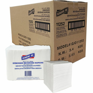 Genuine Joe Quad-fold Square Beverage Napkins - 1 Ply - 9.50" x 9.50" - White - Absorbent, Embossed, Quad-fold, Perforated - For Beverage - 500 Per Pack - 8 / Carton