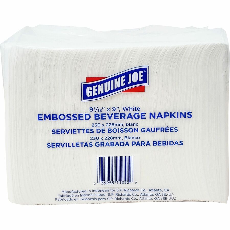 Genuine Joe Quad-fold Square Beverage Napkins - 1 Ply - 9.50" x 9.50" - White - Absorbent, Embossed, Quad-fold, Perforated - For Beverage - 500 Per Pack - 8 / Carton
