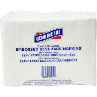 Genuine Joe Quad-fold Square Beverage Napkins - 1 Ply - 9.50" x 9.50" - White - Absorbent, Embossed, Quad-fold, Perforated - For Beverage - 500 Per Pack - 8 / Carton
