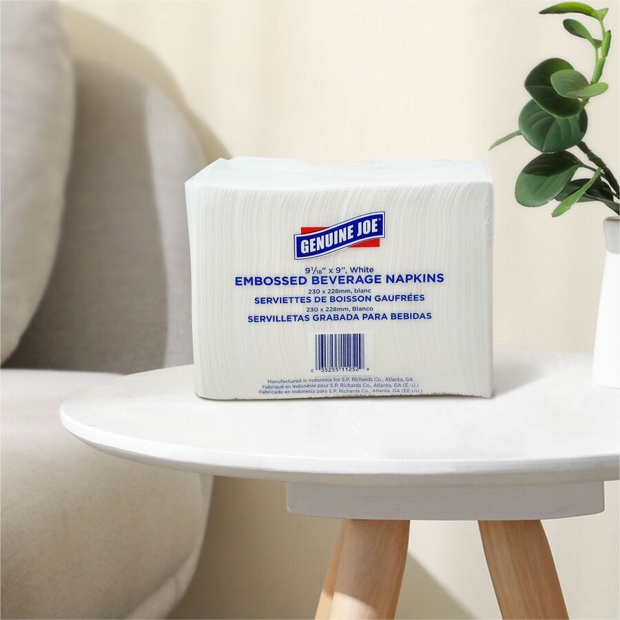 Genuine Joe Quad-fold Square Beverage Napkins - 1 Ply - 9.50" x 9.50" - White - Absorbent, Embossed, Quad-fold, Perforated - For Beverage - 500 Per Pack - 8 / Carton