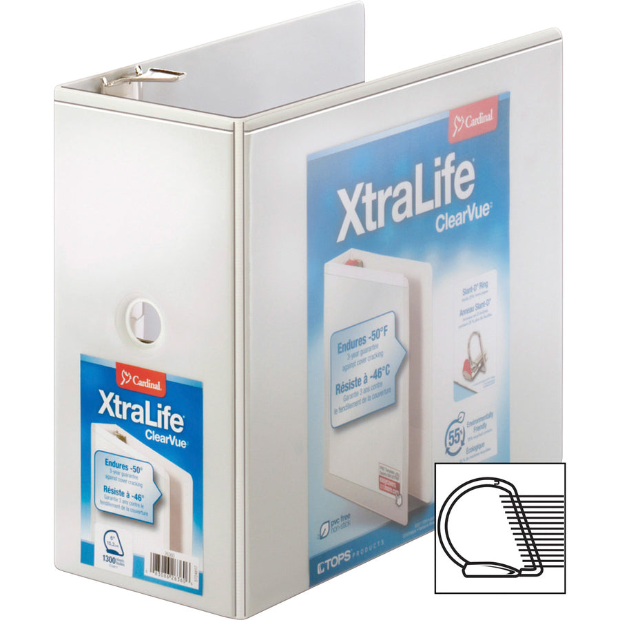 Cardinal Xtralife ClearVue Locking Slant-D Binders - 6" Binder Capacity - Letter - 8 1/2" x 11" Sheet Size - 1300 Sheet Capacity - 5 1/2" Spine Width - 3 x D-Ring Fastener(s) - 2 Inside Front & Back Pocket(s) - Polyolefin - White - 2.25 lb - Recycled - 