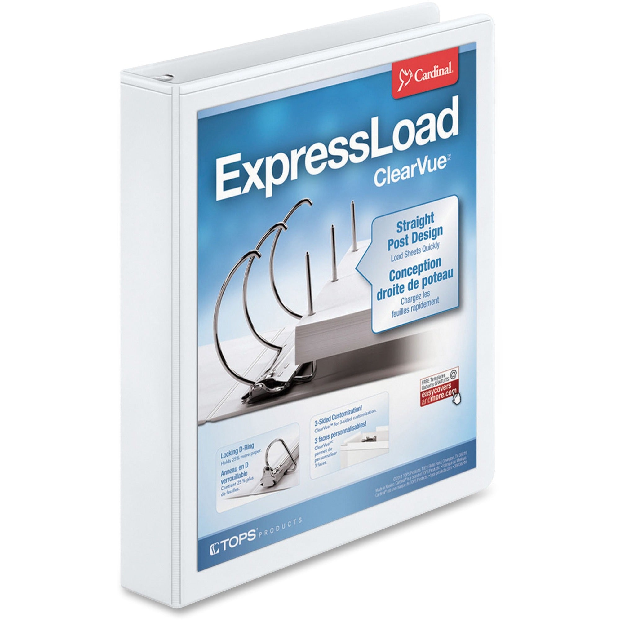 Cardinal ExpressLoad ClearVue Lock D-Ring Binder - 1 1/2" Binder Capacity - Letter - 8 1/2" x 11" Sheet Size - 300 Sheet Capacity - 1 3/5" Spine Width - 3 x D-Ring Fastener(s) - 2 Inside Front & Back Pocket(s) - Polypropylene - White - 1.18 lb - Recy