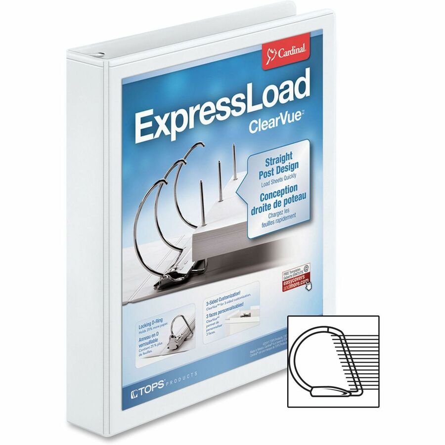 Cardinal ExpressLoad ClearVue Lock D-Ring Binder - 1 1/2" Binder Capacity - Letter - 8 1/2" x 11" Sheet Size - 300 Sheet Capacity - 1 3/5" Spine Width - 3 x D-Ring Fastener(s) - 2 Inside Front & Back Pocket(s) - Polypropylene - White - 1.18 lb - Recy