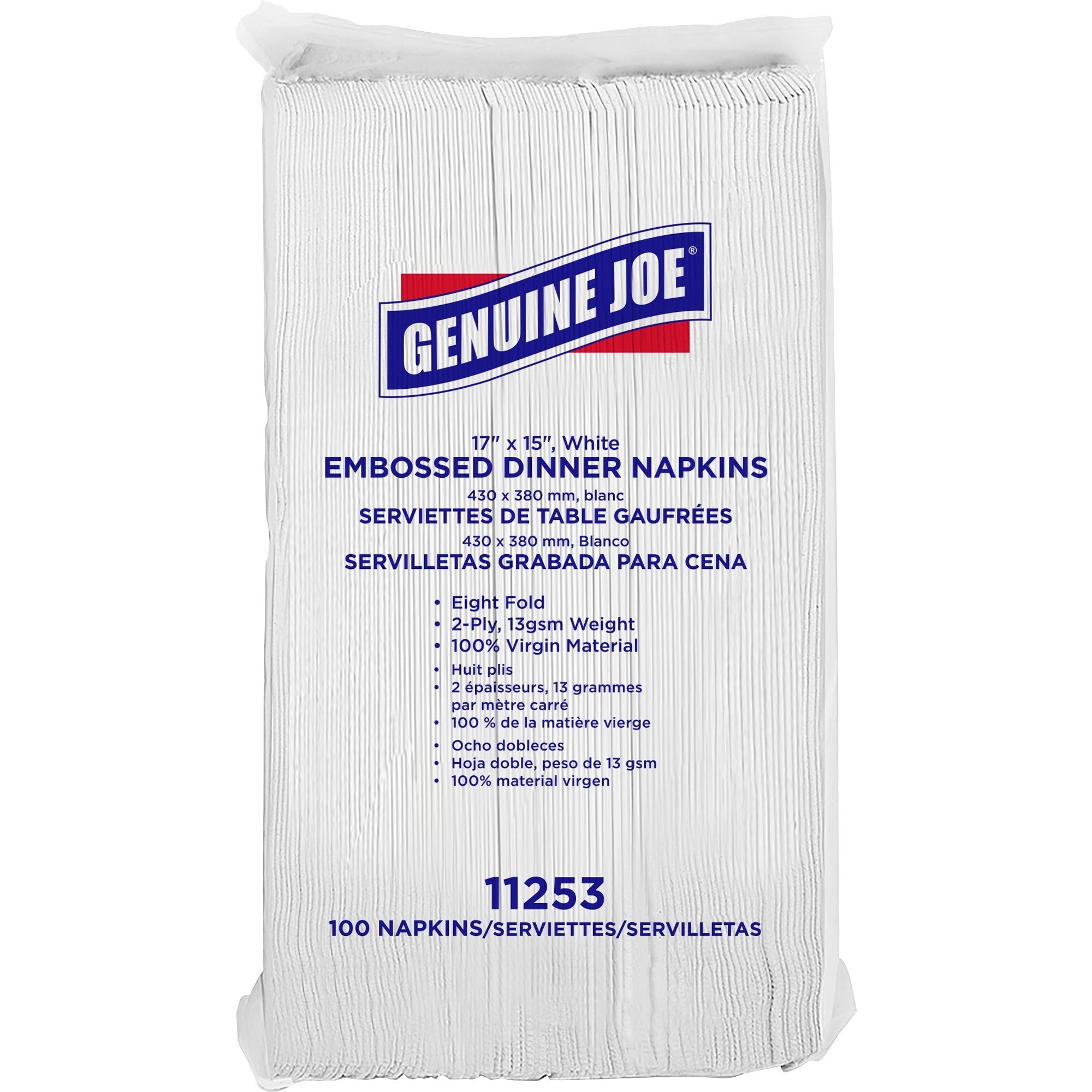 Genuine Joe Embossed Dinner Napkins - 2 Ply - 1/8 Fold - 17" x 15" - White - Soft, Foldable, Versatile - For Dinner - 100 Per Pack - 30 / Carton - 