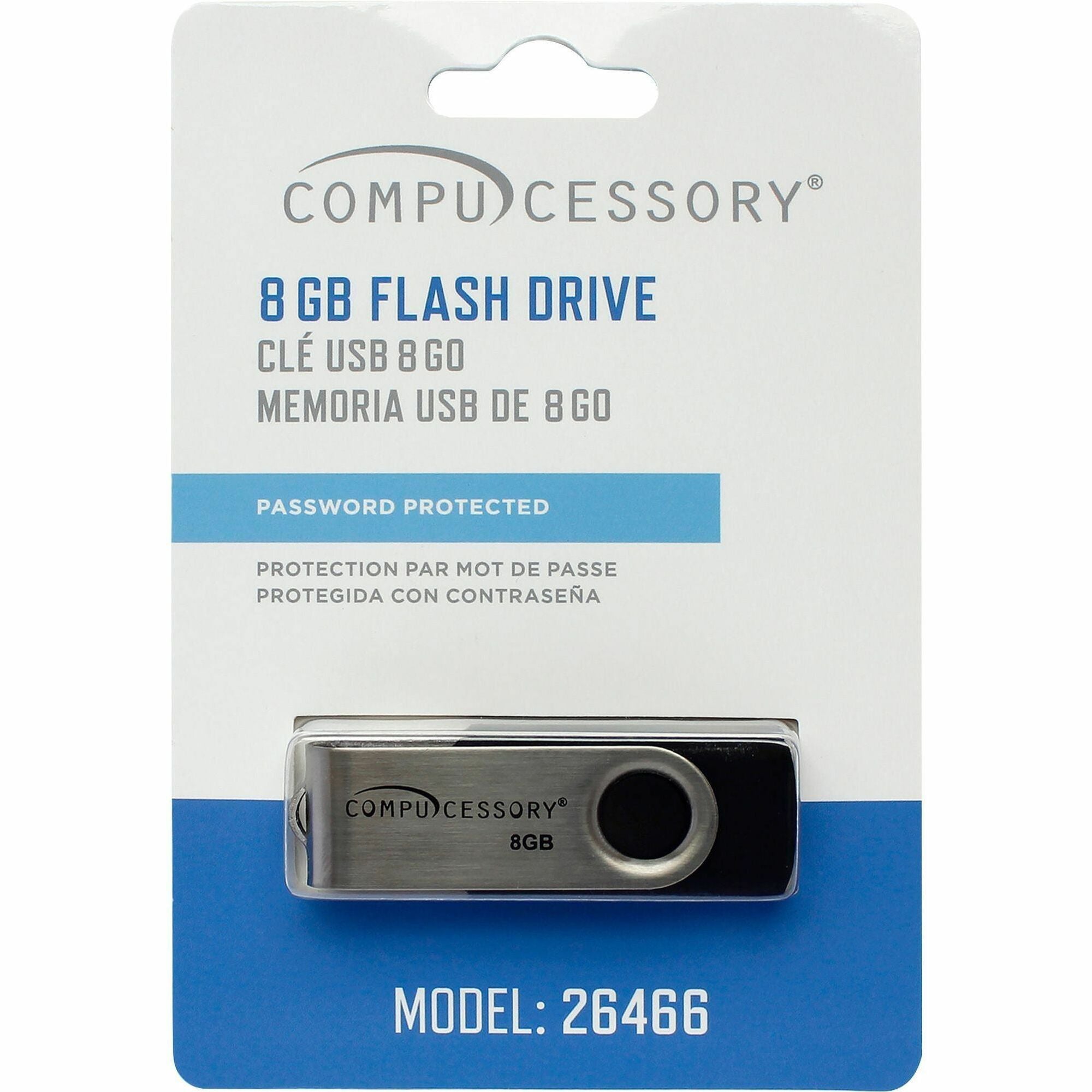Compucessory Password Protected USB Flash Drives - 8 GB - USB 2.0 - 12 MB/s Read Speed - 5 MB/s Write Speed - Aluminum - 1 Year Warranty - 1 Each - 