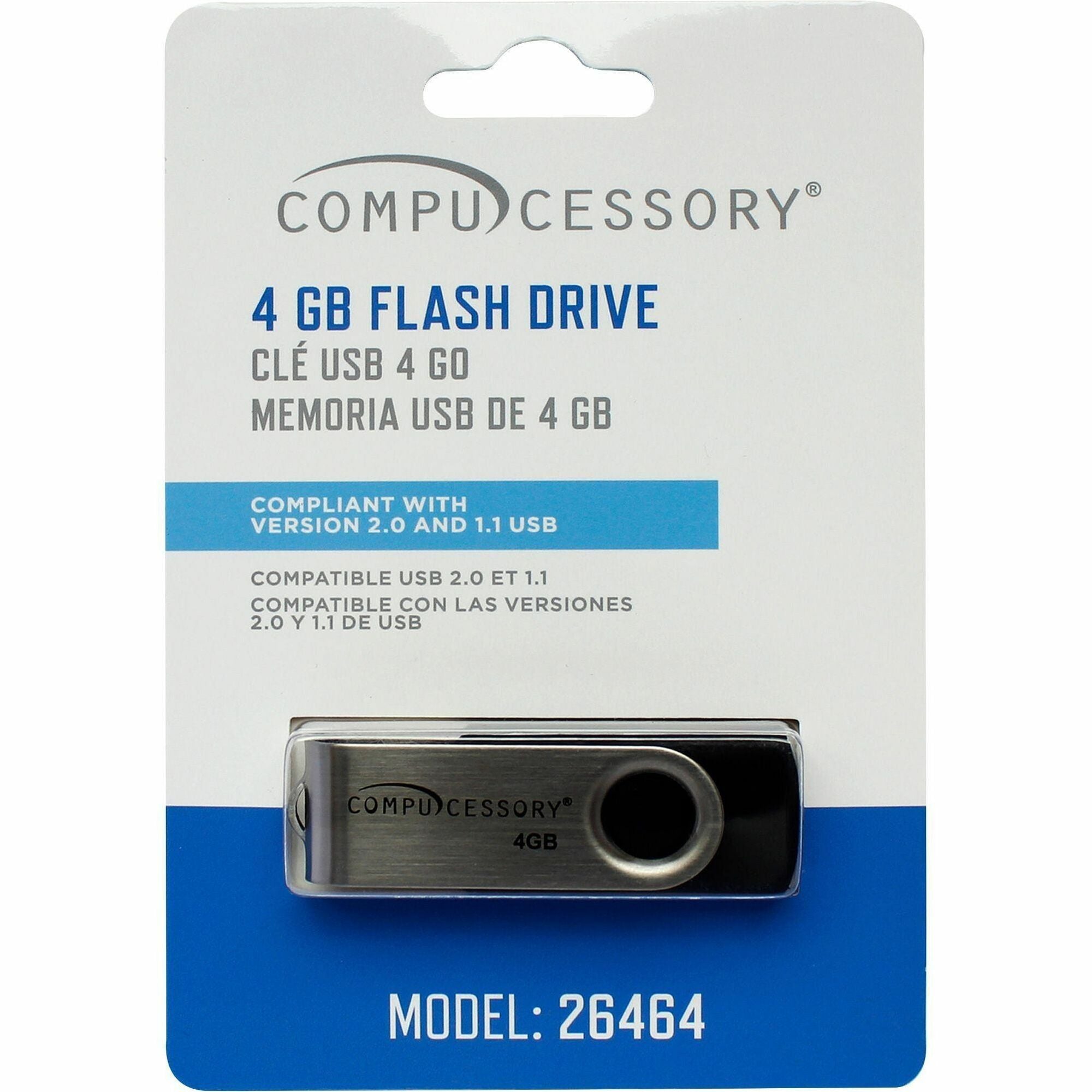 Compucessory 4GB USB 2.0 Flash Drive - 4 GB - USB 2.0 - 12 MB/s Read Speed - 5 MB/s Write Speed - Aluminum - 1 Year Warranty - 1 Each - 