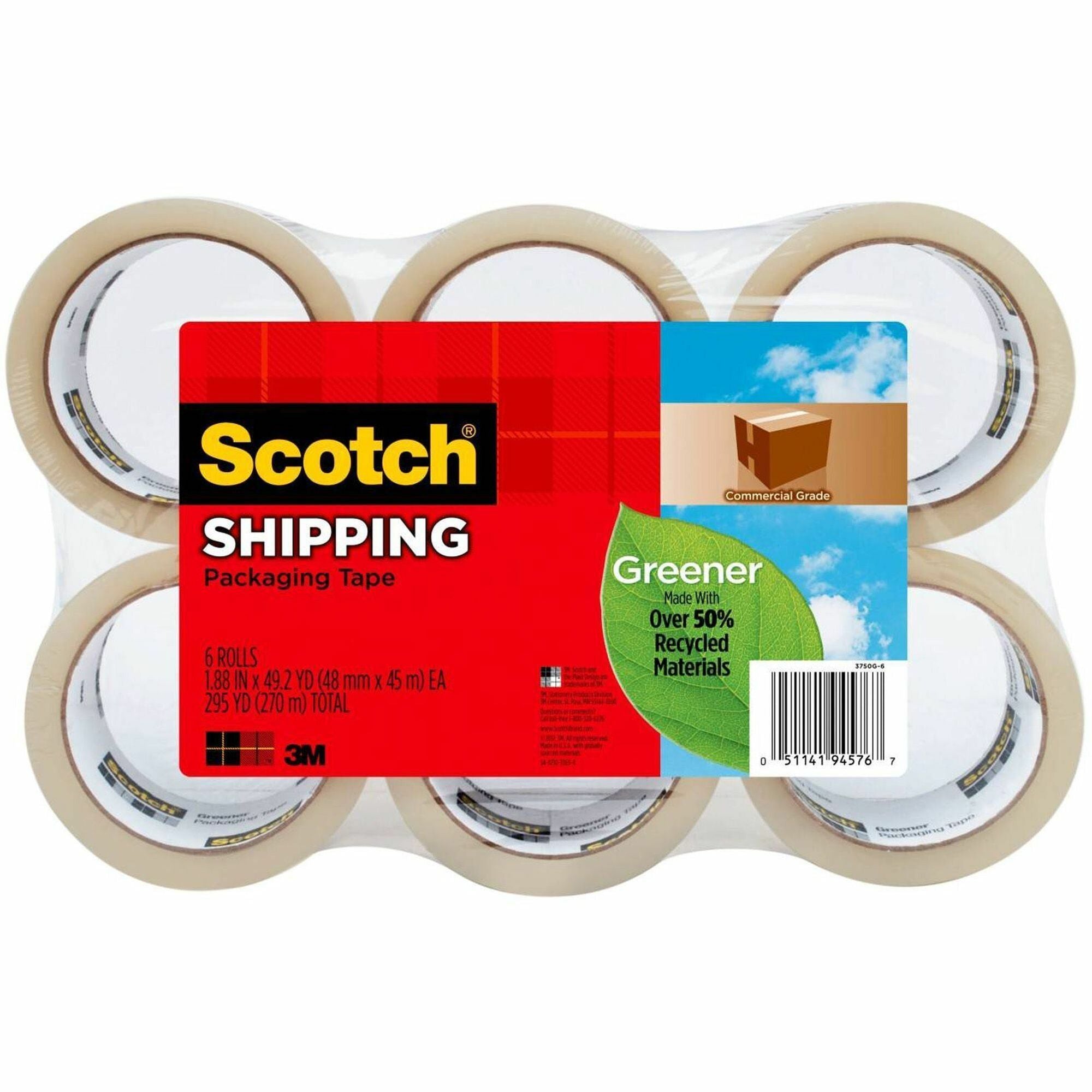 Greener Commercial Grade Packaging Tape, 3" Core, 1.88" x 49.2 yds, Clear, 6/Pack